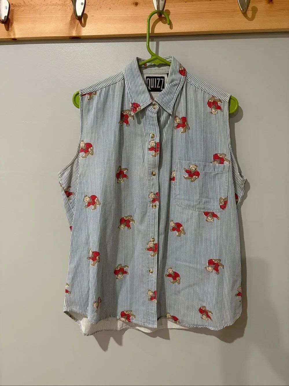 Vintage Quizz Denim Chambray Striped Teddy Bear Print Button Up Vest L